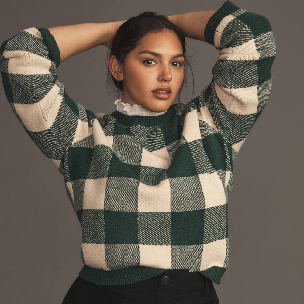 Anthro Plaid Ruffle-Collar Pullover Sweater 1X Green